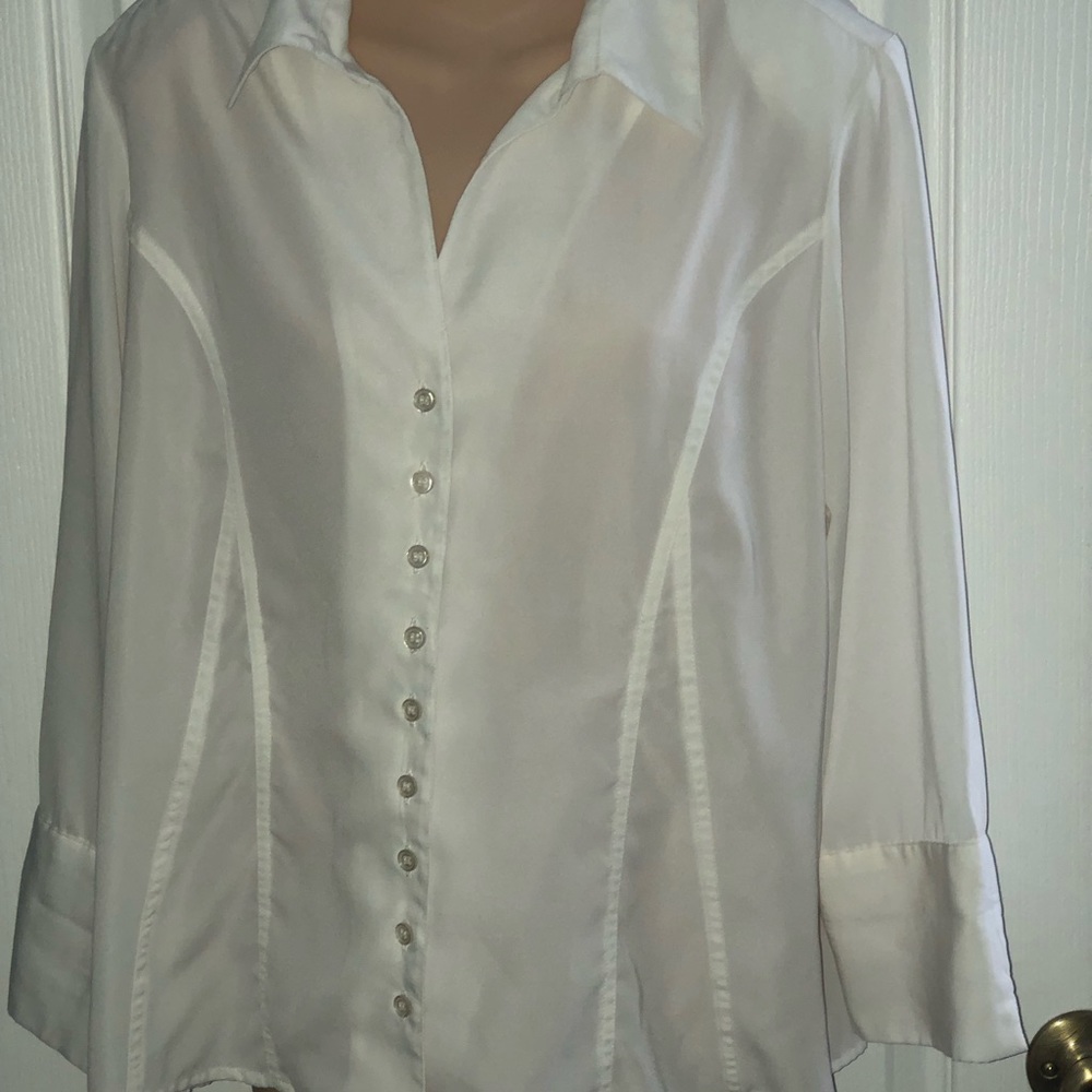 White tailored blouse size L long sleeve with faux French cuffs.